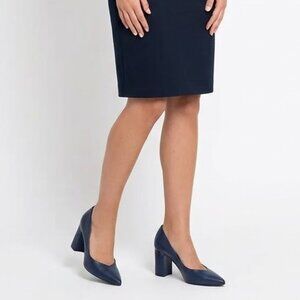 1.STATE Navy Leather Pointed Toe Block Heel Pump | Dark Academia Office 7M